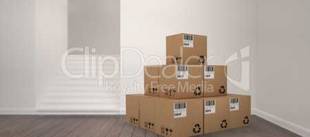 Composite 3d image of heap of brown packed cardboard boxes