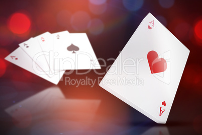 Composite 3d image of playing cards with ace of hearts on top