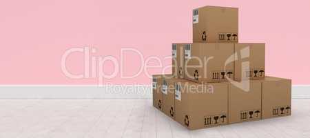 Composite 3d image of pile of packed cardboard boxes