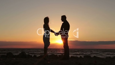 Happy couple holding hands on beach at sunset