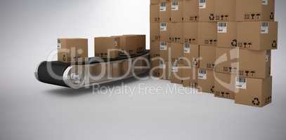 Composite 3d image of stack of brown cardboard boxes by conveyor belt