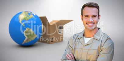Composite 3d image of confident delivery man standing with arms crossed