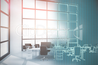 Composite 3d image of illustration of chairs by desks at office