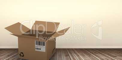 Composite image of 3d image of open courier cardboard box