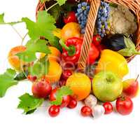 vegetables and fruits in basket isolated on white background