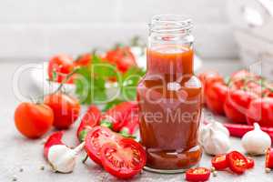 Tomato ketchup, chilli sauce, tomatos puree with chili pepper, tomatoes and garlic