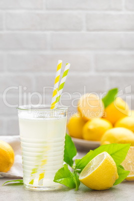 Lemonade. Drink with fresh lemons. Lemon cocktail with juice.