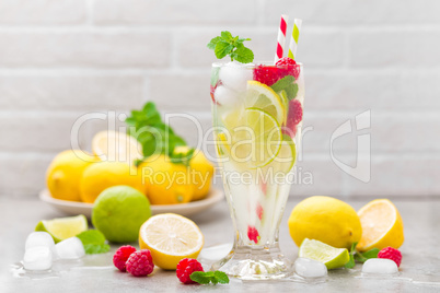 Lemon mojito cocktail with lime, mint and raspberry, cold drink with ice.