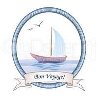 Summer holiday travel sign. Sailboat in sea view. Greeting card