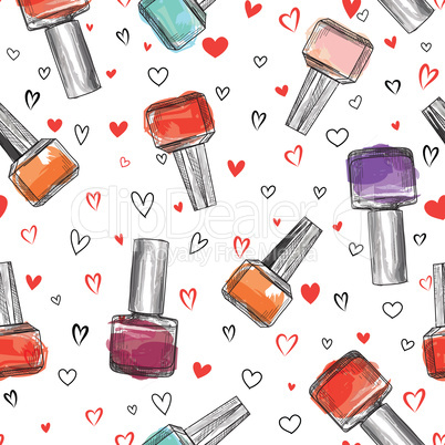 Nail polish bottle seamless pattern. Beauty salon background. Lo