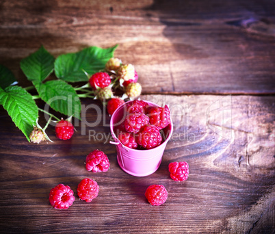 Ripe fresh raspberries in a pink iron bucket