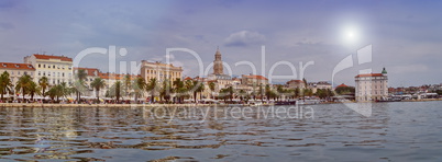 Riva waterfront, houses and Cathedral of Saint Domnius, Dujam, Duje, bell tower Old town by day, Split, Croatia