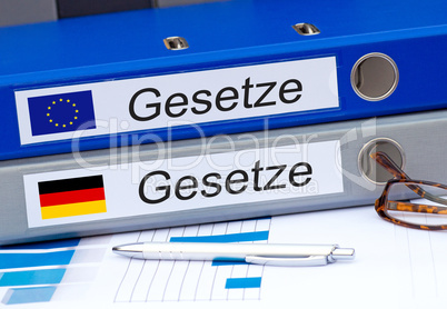 Gesetze Europa und Deutschland - zwei Ordner im Büro