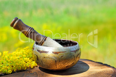 Copper singing bowl with a stick