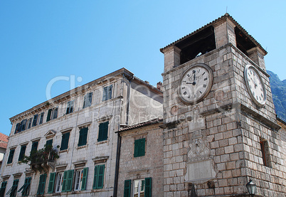 Tower with a clock in the old town of Kotor (Montenegro)