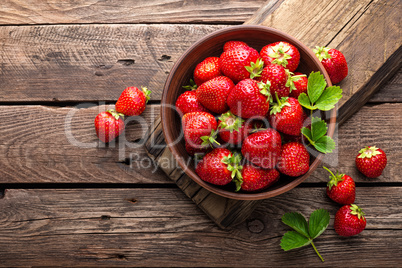 Fresh juicy strawberries with leaves. Strawberry.