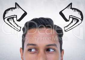 Top of man\'s head and 3D grey arrow against white wall
