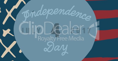 Blue fourth of July graphic in blue circle against hand drawn american flag