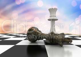 3D Chess pieces against blue orange bokeh