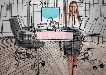 business young happy woman drawing 3D office lines to the new office in the room that is going to be