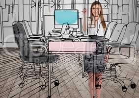 business young happy woman drawing 3D office lines to the new office in the room that is going to be