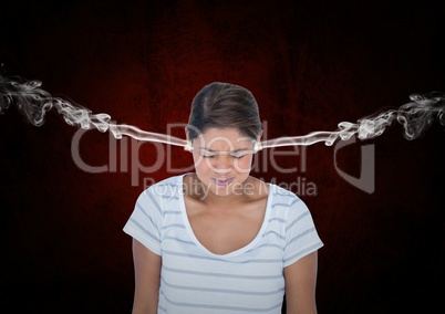 anger young woman with 3D steam on ears. Black and red background