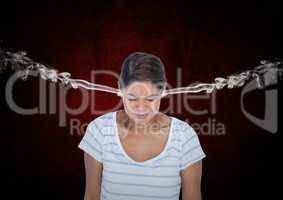 anger young woman with 3D steam on ears. Black and red background