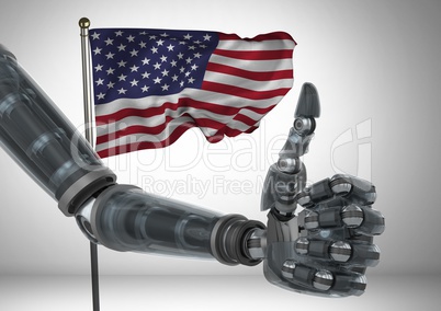 Robot with thumb up  against american flag