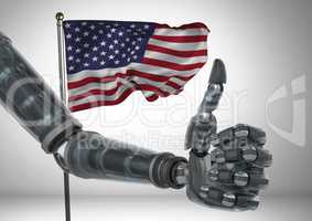 Robot with thumb up  against american flag