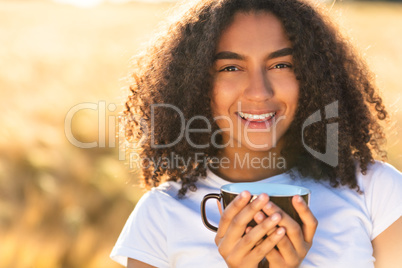 Mixed Race African American Teenager Woman Drinking Coffee Outdo