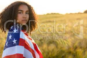 Sad Mixed Race African American Girl Teenager With USA Flag Fiel