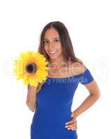 Smiling woman with sunflower.