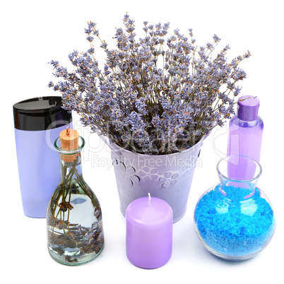 Lavender Gels, shampoos, salt and scented candles isolated on wh