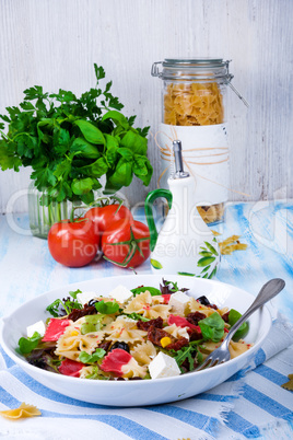 Mediterranean Farfalle salad with dry tomatoes and pine cores