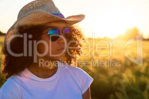 Mixed Race African American Woman Sunglasses Cowboy Hat Sunset