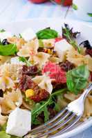 Mediterranean Farfalle salad with dry tomatoes and pine cores