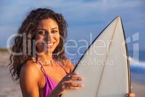 Beautiful Bikini Woman Girl Surfer & Surfboard Beach