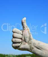 Male finger lifted up against the blue sky, an approving gesture