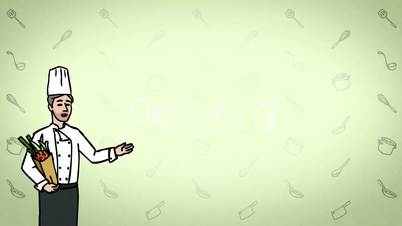 Animated Character Chef or Cook stands in the foreground and says, curve contour, green background, seamless loop