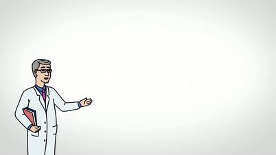 Animated Character Doctor or Medic stands in the foreground and says, smooth contour, white background, seamless loop