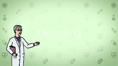 Animated Character Doctor or Medic stands in the foreground and says, curve contour, green background, seamless loop