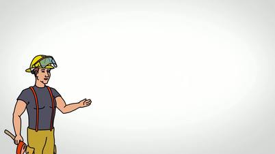 Animated Character Fire fighter or Rescuer stands in the foreground and says, smooth contour, white background, seamless loop