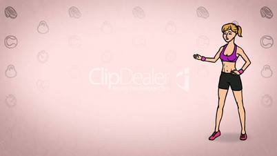Animated Character Sportswoman or Athlete stands in full growth and says, curve contour, pink background, seamless loop