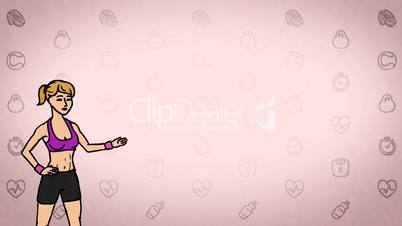 Animated Character Sportswoman or Athlete stands in the foreground and says, curve contour, pink background, seamless loop