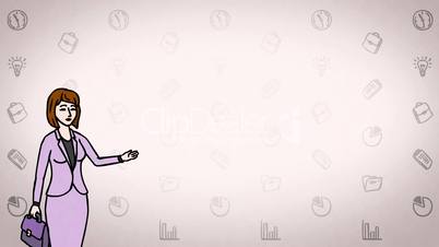 Animated Character Secretary or Teacher stands in the foreground and says, curve contour, pink background, seamless loop