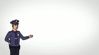 Animated Character Policeman or Cop stands in the foreground and says, smooth contour, white background, seamless loop