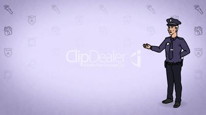 Animated Character Policeman or Cop stands in full growth and says, curve contour, violet background, seamless loop