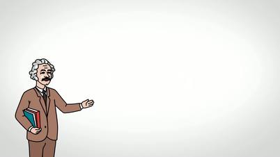 Animated Character Professor or Teacher stands in the foreground and says, smooth contour, white background, seamless loop