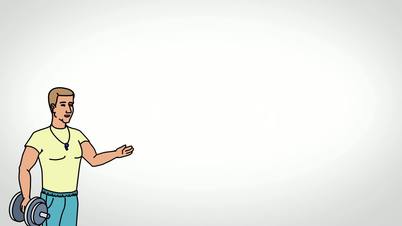 Animated Character Athlete or Coach stands in the foreground and says, smooth contour, white background, seamless loop