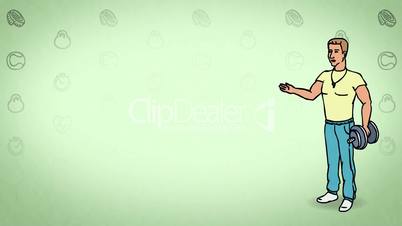 Animated Character Athlete or Coach stands in full growth and says, curve contour, green background, seamless loop